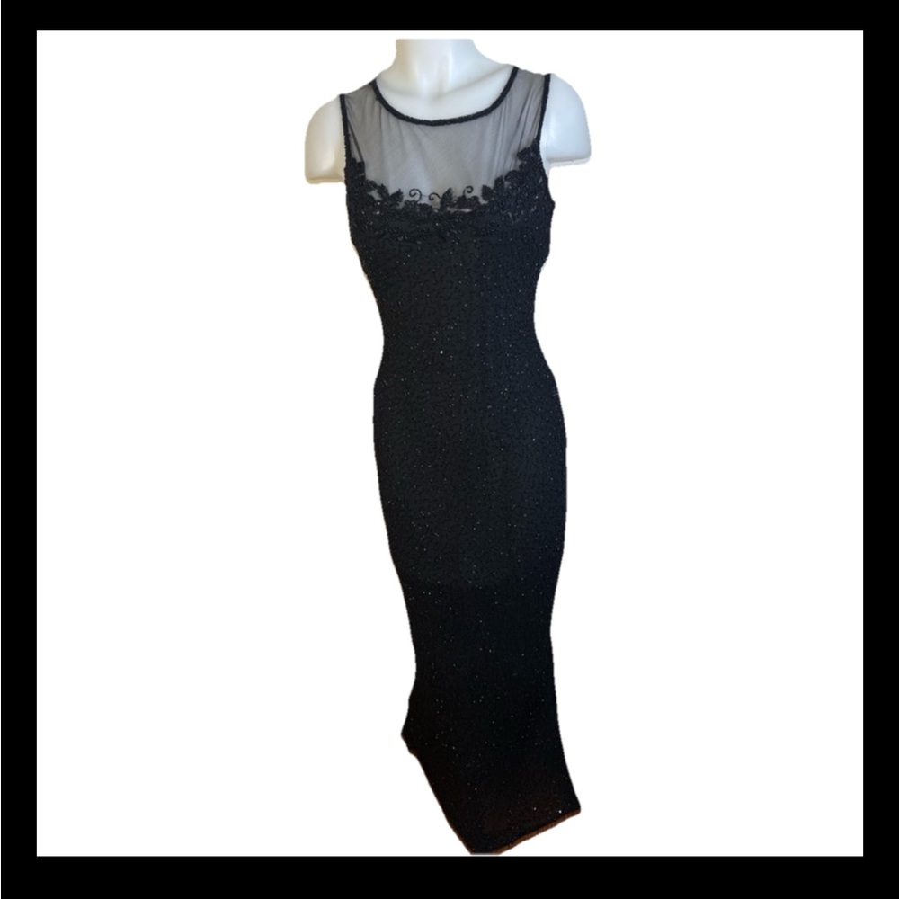 Vintage Stenay 8 Silk Gown Fully Beaded Glam Hollywood Black Long Formal Shear